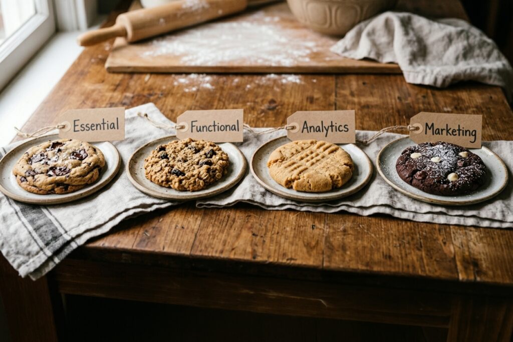 What are web cookies four types shown as essential functional analytics and marketing cookies on a plate